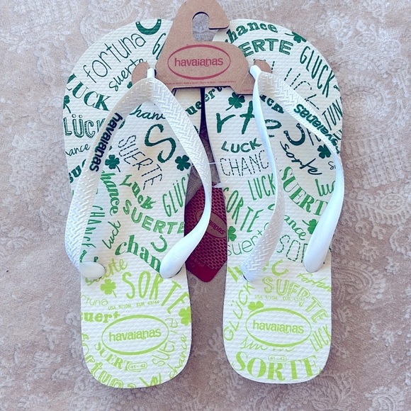 Brand New Havaianas White & Green Irish Good Luck Flip Flops Slide Thong Sandals - Picture 16 of 16
